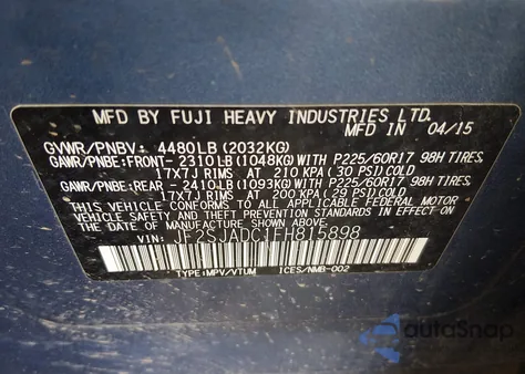 2015 Subaru Forester 2.5I Premium z USA, uszkodzony, nr VIN JF2SJADC1FH815898